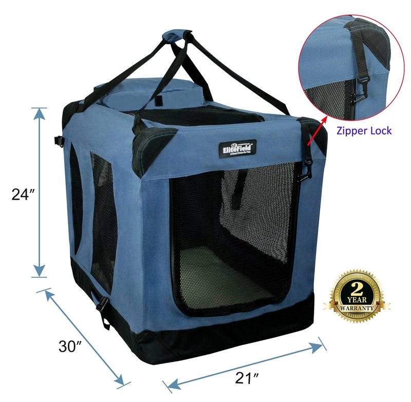 EliteField 3-Door Folding Soft Dog Crate with Carrying Bag and Fleece Bed (2 Year Warranty), Indoor & Outdoor Pet Home (30" L x 21" W x 24" H, Blue Gray) - Image 2